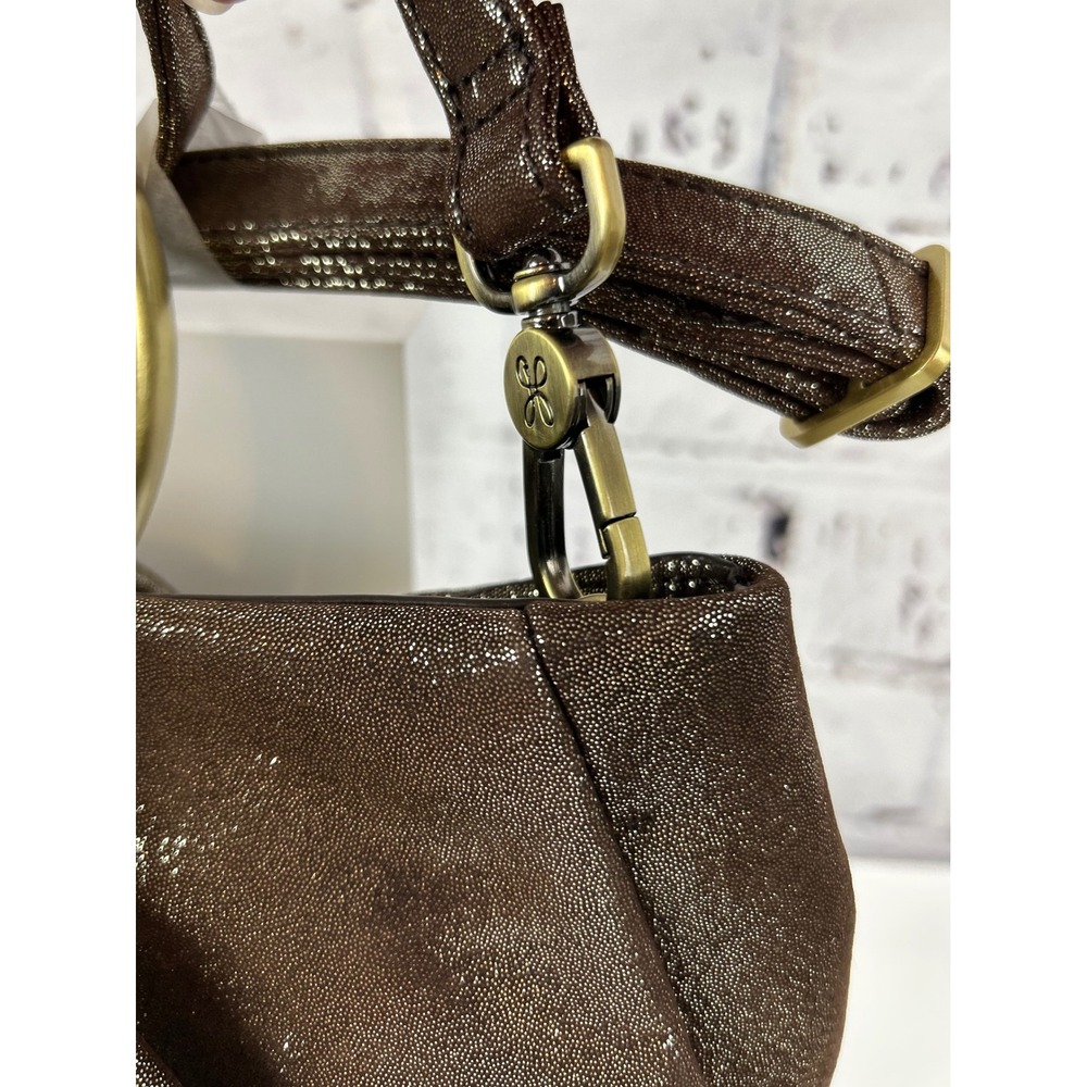 Hobo Brown Leather Metallic‎ Ring Handle Shoulder Bag Purse - Picture 8 of 12